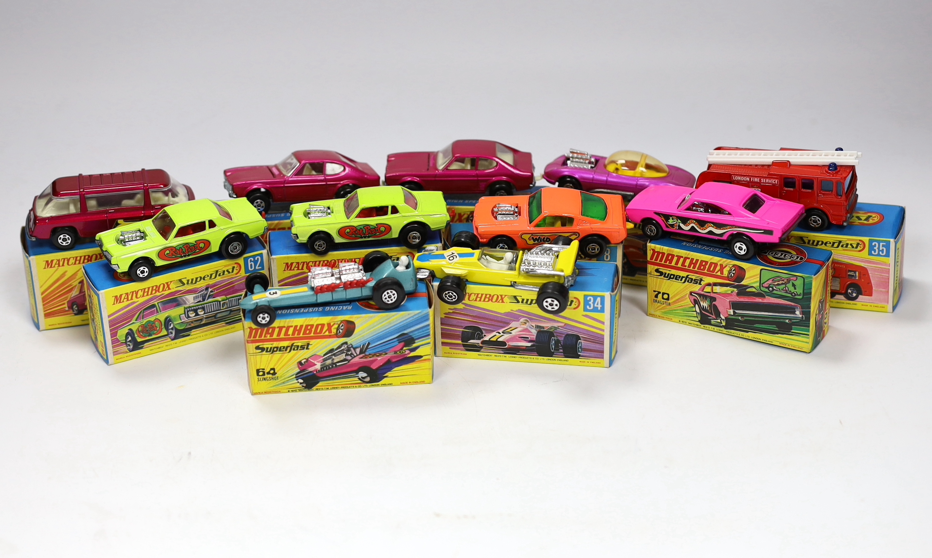 Eleven boxed Matchbox Superfast 1-75 series diecast vehicles